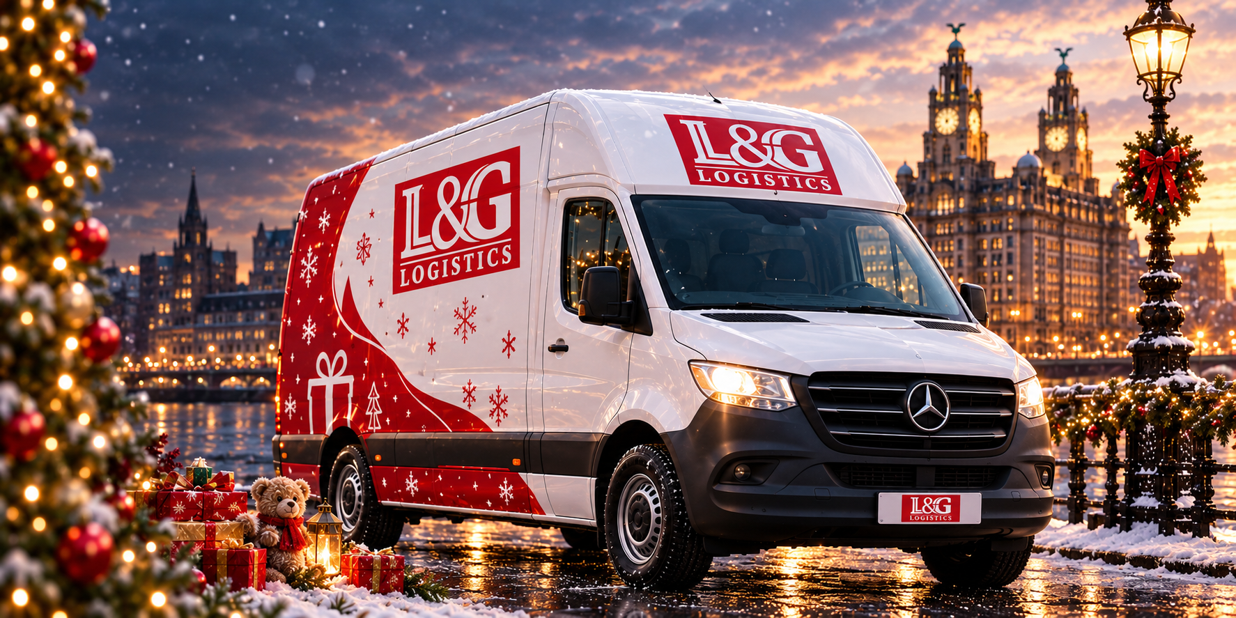 LoadAndGo Christmas delivery van beside a decorated tree on the Liverpool waterfront